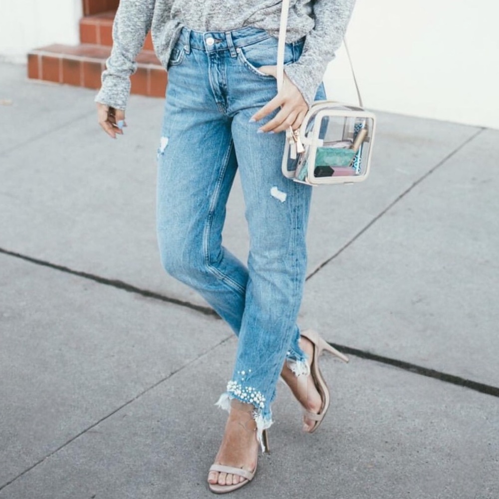 H&M Girlfriend Fit Pearl Embellished Jeans